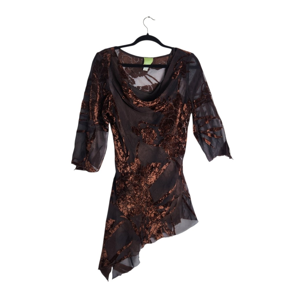 Citrine Brown Burnout Velvet Asymmetrical Tunic Top Cowl Neck Set Size 8
